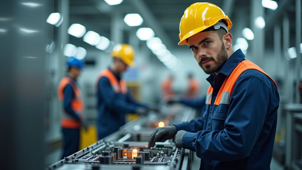 Pracovníci v automobilové továrně během montáže součástí, moderní výrobní linka