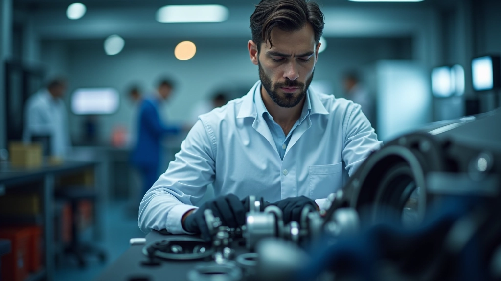 Inženýr v průmyslové laboratoři zkoumá komponenty elektromobilu, výzkum a vývoj technologií