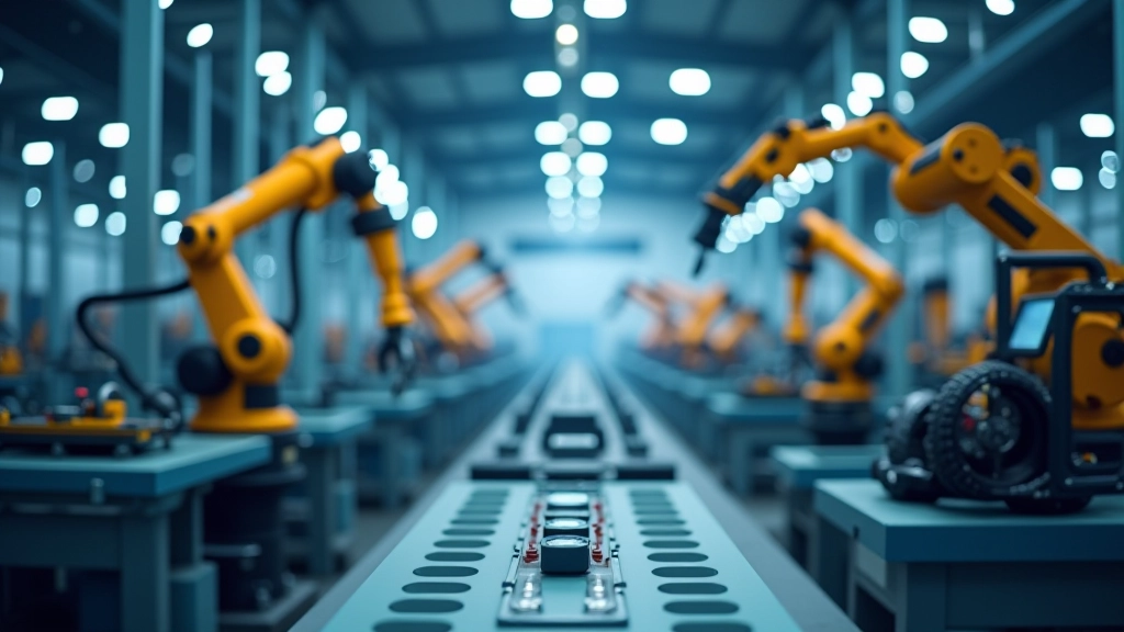 Moderní automobilová továrna s roboty a výrobními linkami